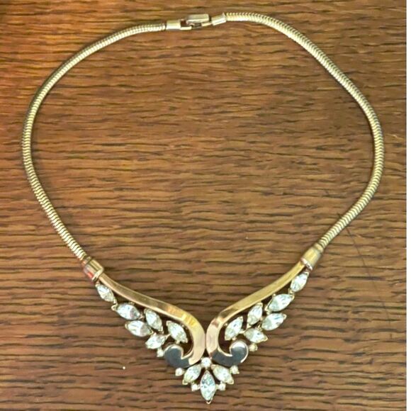 Vintage Crown Trifari Philippe GOLD & Rhinestone Marquis Stone Choker Necklace - Picture 1 of 15